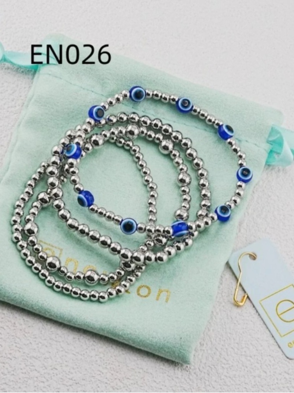 Enewton Silver Beaded Bracelet Stack with Blue Evil Eye Accents